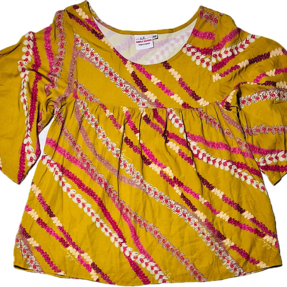 Smocked Yoke Bell Sleeve Blouse in Mustard with Pink Trim